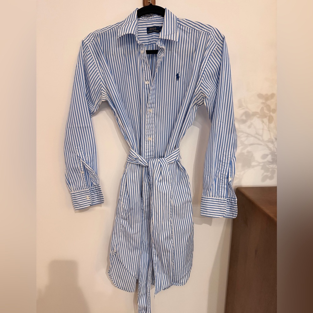 Ralph Lauren Blue & White Striped Button-Front Shirt Dress with Waist Tie